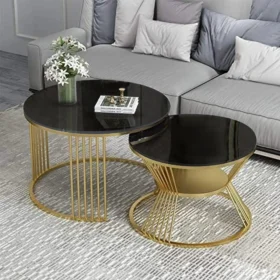 Classic Metallic Black Marble Nesting Table Set (Set of 2)