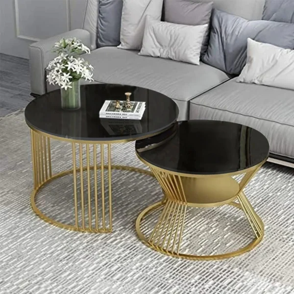 Classic Metallic Black Marble Nesting Table Set (Set of 2)