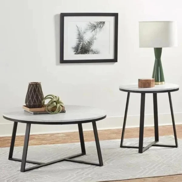 White Faux Marble Round Coffee Table Set of 2