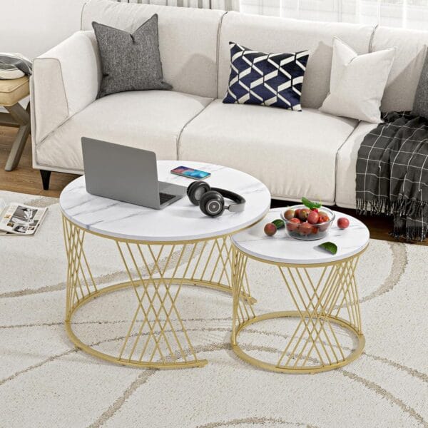 Modern Round Coffee Table with Faux Marble Top