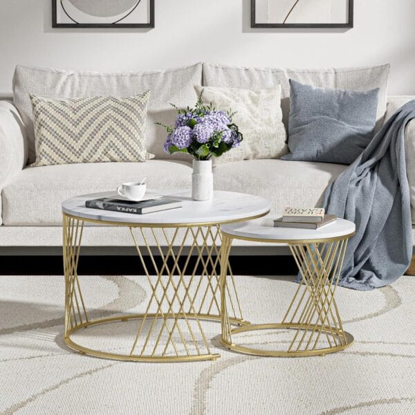 Modern Round Coffee Table with Faux Marble Top - Image 5