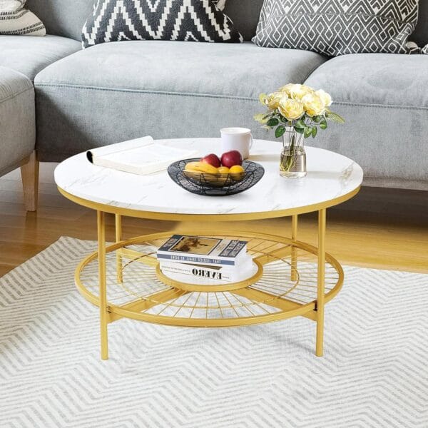 Designer Round Center Table with White Marble & Golden Finish - Image 5