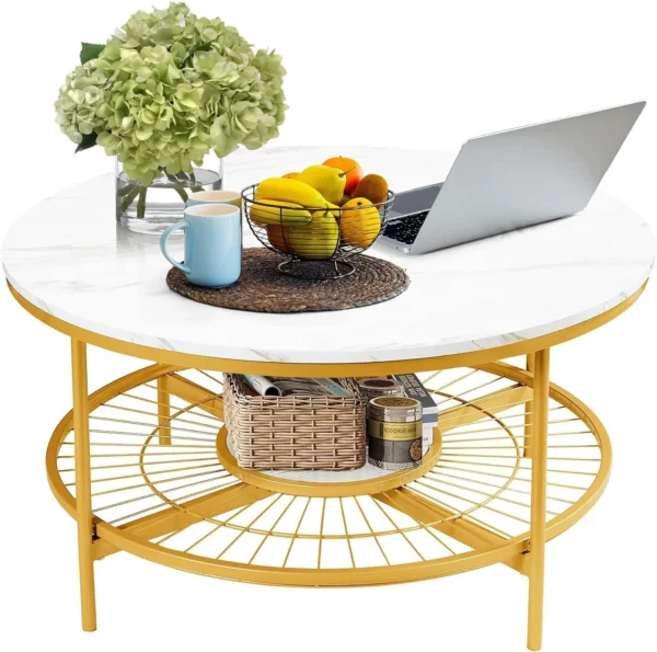 Designer Round Center Table with White Marble & Golden Finish - Image 3