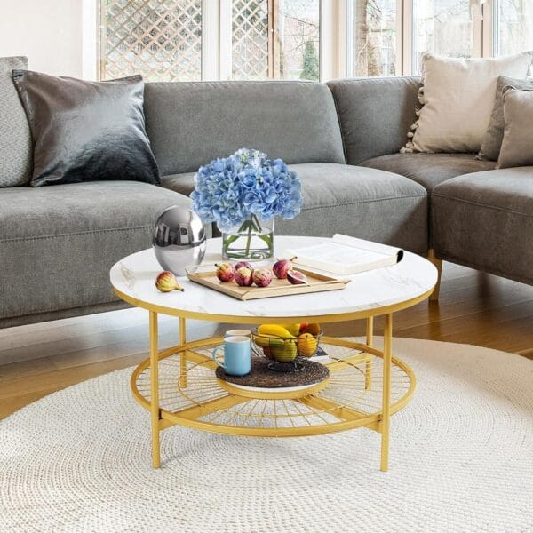 Designer Round Center Table with White Marble & Golden Finish - Image 2