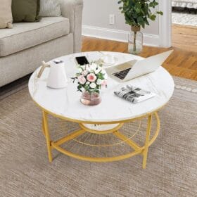 Designer Round Center Table with White Marble & Golden Finish