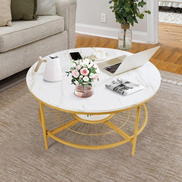 Designer Round Center Table with White Marble & Golden Finish