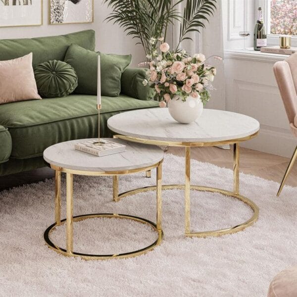 Chic Round White Marble Coffee Tables with Iron Bases – Set of 2