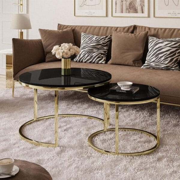 Elegant Round Black Marble Coffee Tables with Iron Bases – Set of 2 - Image 2
