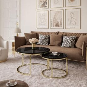 Elegant Round Black Marble Coffee Tables with Iron Bases – Set of 2