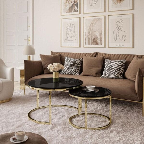 Elegant Round Black Marble Coffee Tables with Iron Bases – Set of 2