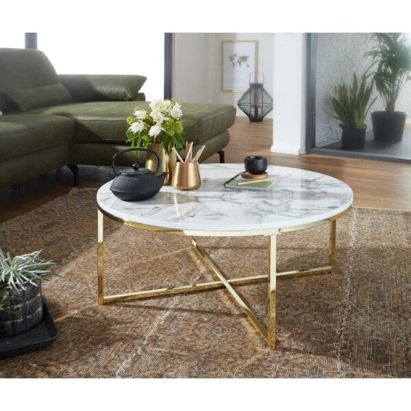 Elegant Round White Marble Coffee Tables with Sturdy Iron Stands - Image 2