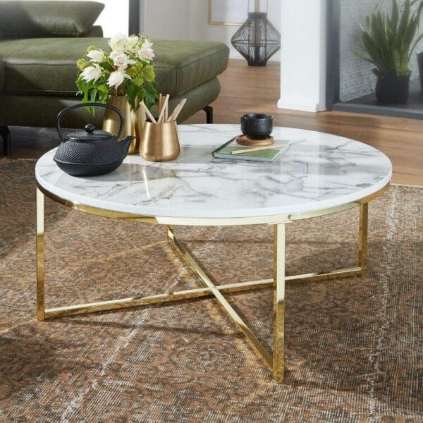 Elegant Round White Marble Coffee Tables with Sturdy Iron Stands - Image 3