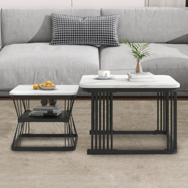 Classic White Marble Duo Tables with Metallic Tethered Detailing