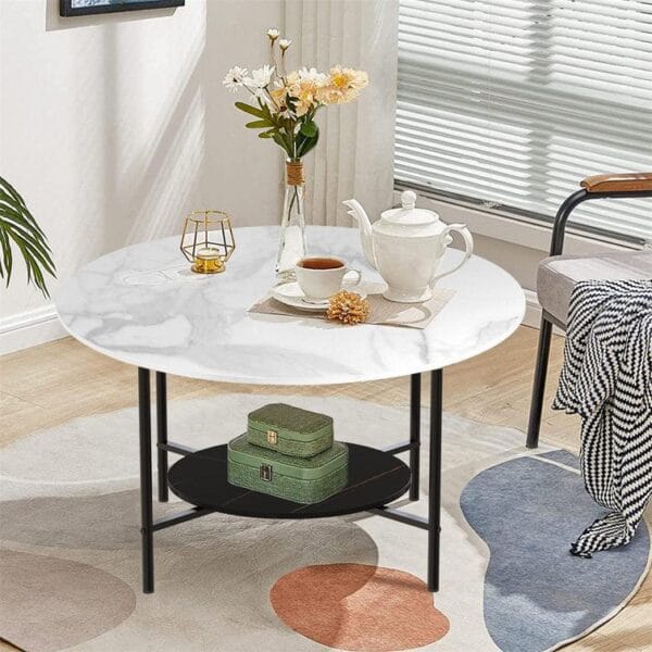 Elegant Two-Tier Round Marble Coffee Table with Sturdy 4-Leg Base