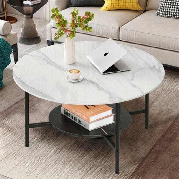 Elegant Two-Tier Round Marble Coffee Table with Sturdy 4-Leg Base - Image 5