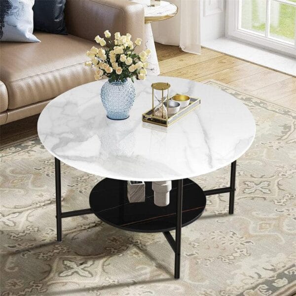 Elegant Two-Tier Round Marble Coffee Table with Sturdy 4-Leg Base - Image 4
