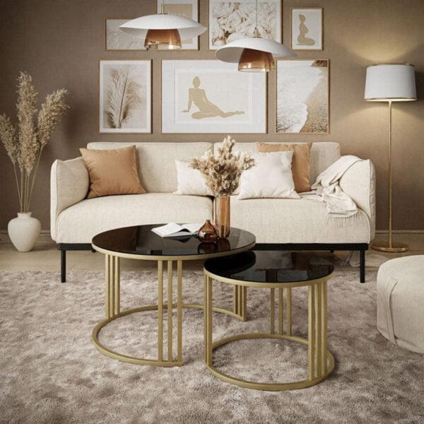 Luxury Golden Caged Nesting Tables with Black Marble Tops – Set of 2