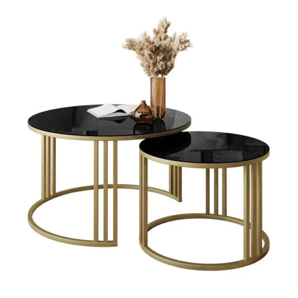 Luxury Golden Caged Nesting Tables with Black Marble Tops – Set of 2 - Image 2