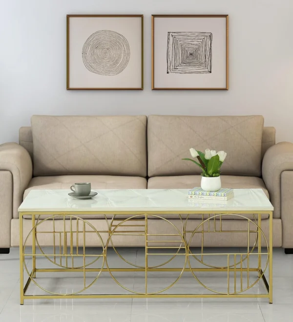 Elegant Coffee Table with Porcelain Top & Matte Gold Finish