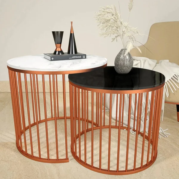 Black & White Marble Caged Copper Nesting Tables (Set of 2) - Image 3