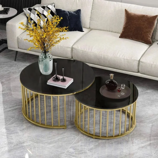 Golden Cage Elegance – Black Marble Coffee Table Duo (Set of 2)