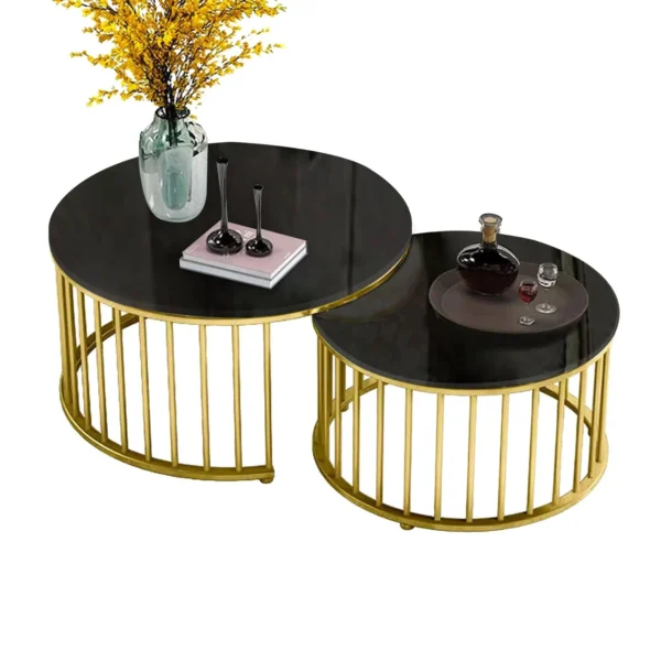 Golden Cage Elegance – Black Marble Coffee Table Duo (Set of 2) - Image 2