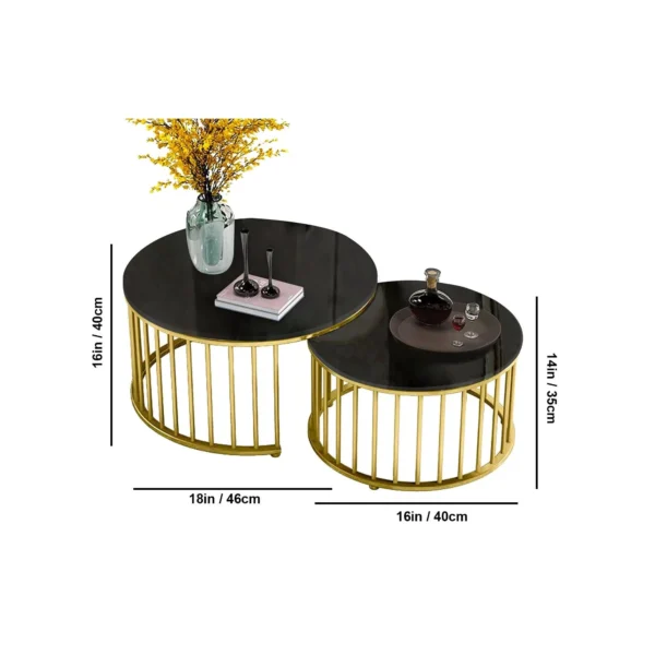 Golden Cage Elegance – Black Marble Coffee Table Duo (Set of 2) - Image 3
