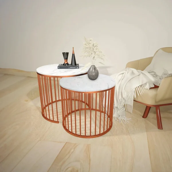 Premium White Marble Top Copper Caged Nesting Tables (Set of 2)