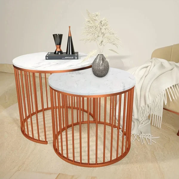 Premium White Marble Top Copper Caged Nesting Tables (Set of 2) - Image 3
