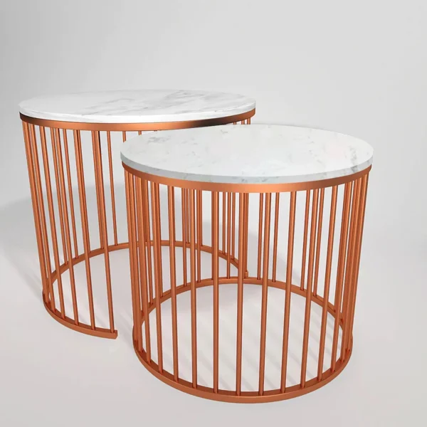 Premium White Marble Top Copper Caged Nesting Tables (Set of 2) - Image 2