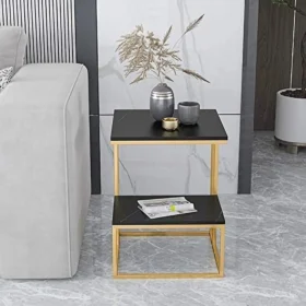 Golden Geometric Square Side Table with Black Marble Top