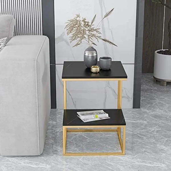 Golden Geometric Square Side Table with Black Marble Top