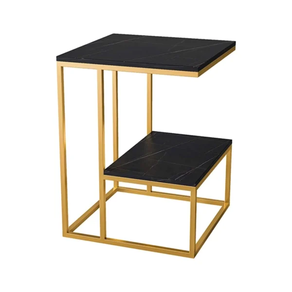 Golden Geometric Square Side Table with Black Marble Top - Image 2