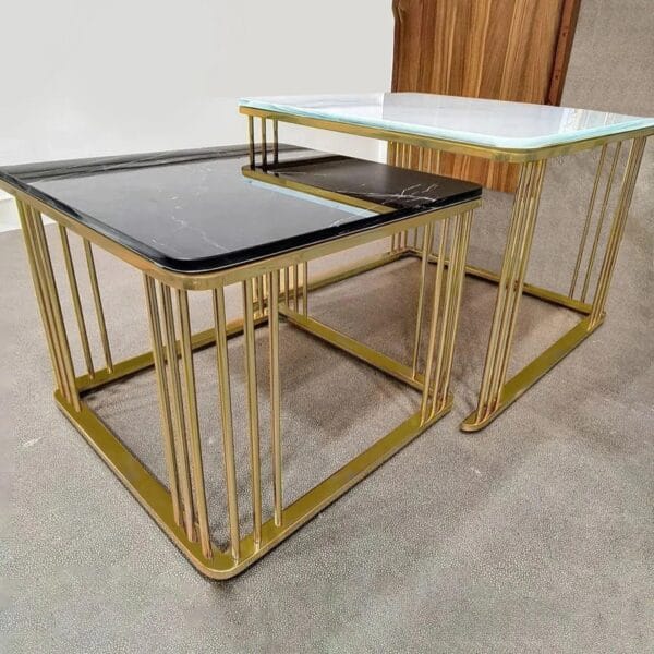 Monochrome Elegance – Square Marble Nesting Tables (Set of 2) - Image 2