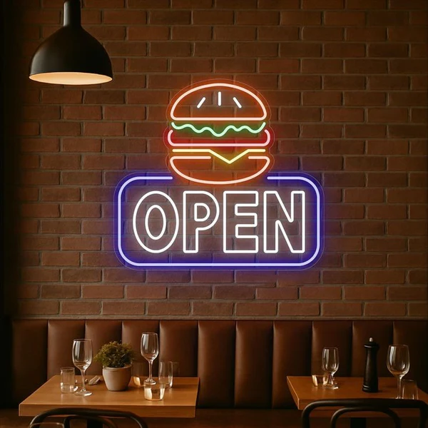 Burger Open Neon Sign | Custom Neon Sign | Neon for Restaurant (24 By 15 Inches)