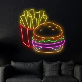 Fries Burger Neon Sign | Custom Neon Sign | Neon for Food Court Restaurants (20 By 20 Inches)
